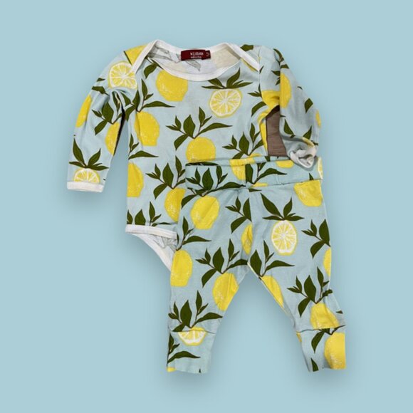 EUC Milkbarn Light Blue Lemon Print Long Sleeve Onesie with Legging Set - Picture 3 of 3